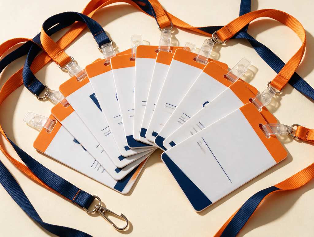 Printed PVC name badges fanned out with lanyards